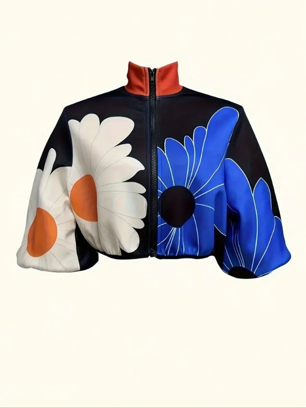 Floral Colorblock Cropped Jacket - Black, Blue & Cream - Picture 4 of 7
